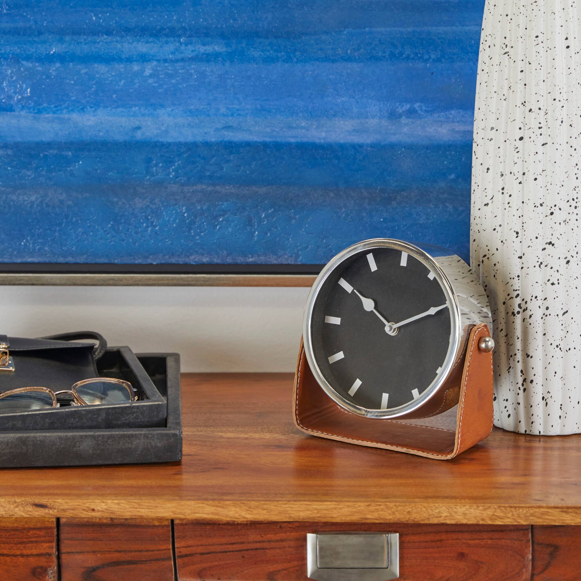 7" Silver Stainless Steel Clock with Leather Stand